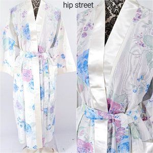 VINTAGE APPEL Satin Trim Cotton Blend Floral Wrap Kimono Long Robe NWOT L